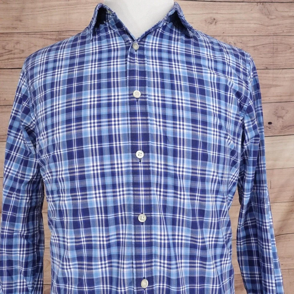 Banana Republic Shirt Mens M Blue Plaid Button-Up Camden Fit Custom 078 Wash